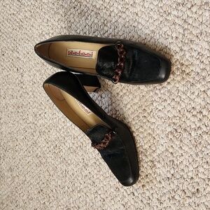 8 1/2 90s heels, Stefani, leather and pony with tortoise style chain, 3" heel